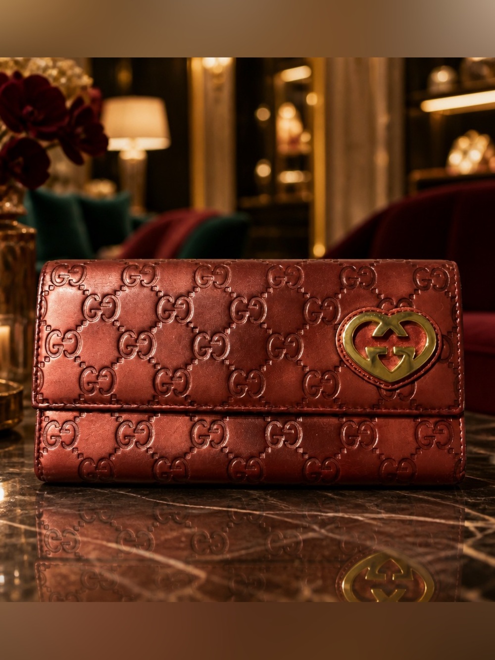Gucci Metallic Red GG Embossed Wallet with Gold Heart Motif